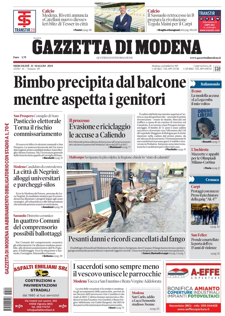 Prima-pagina-gazzetta di modena-oggi-edizione-del-2024-05-22